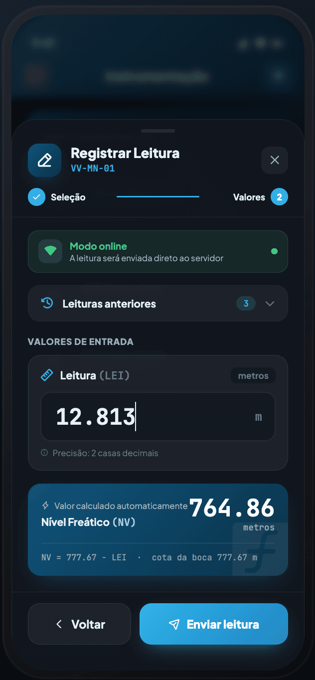 App de campo — Leitura validada na hora